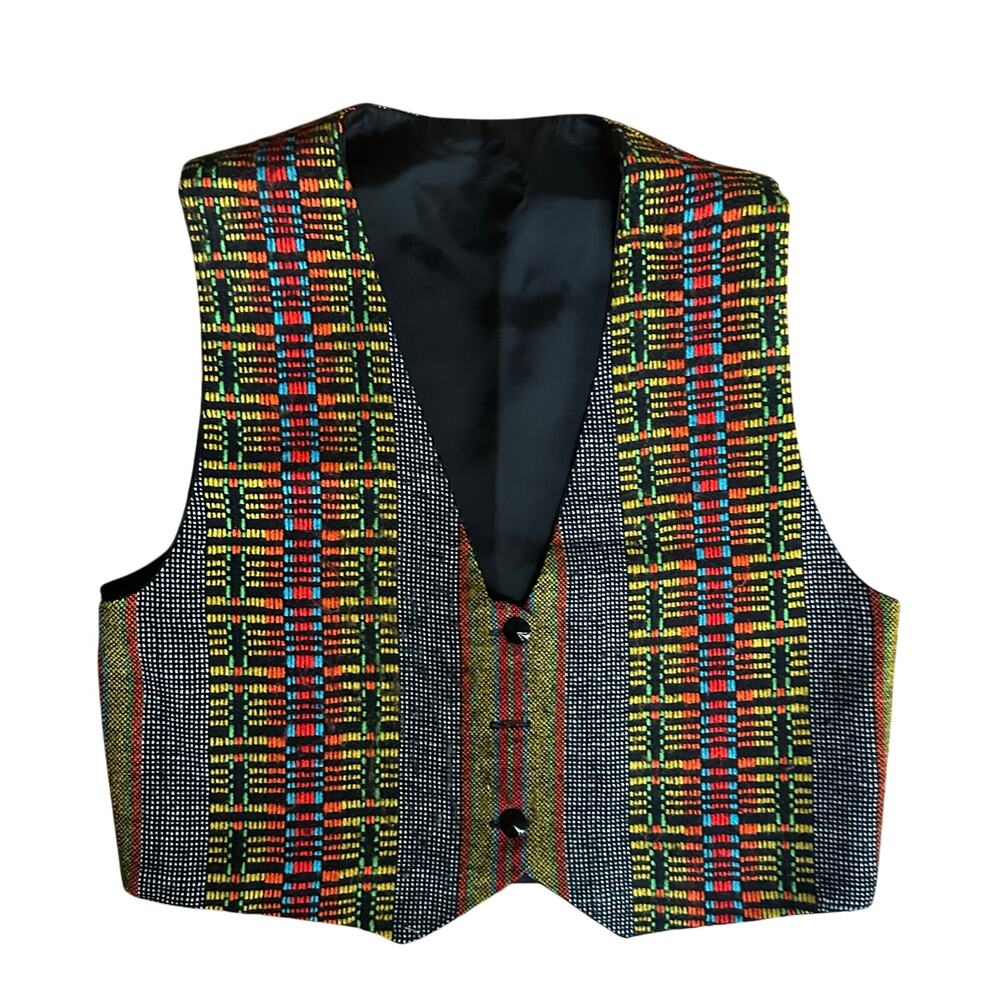 Bohemian Festival Eclectic Multicolor Striped Plaid Tweed Small Button Vest